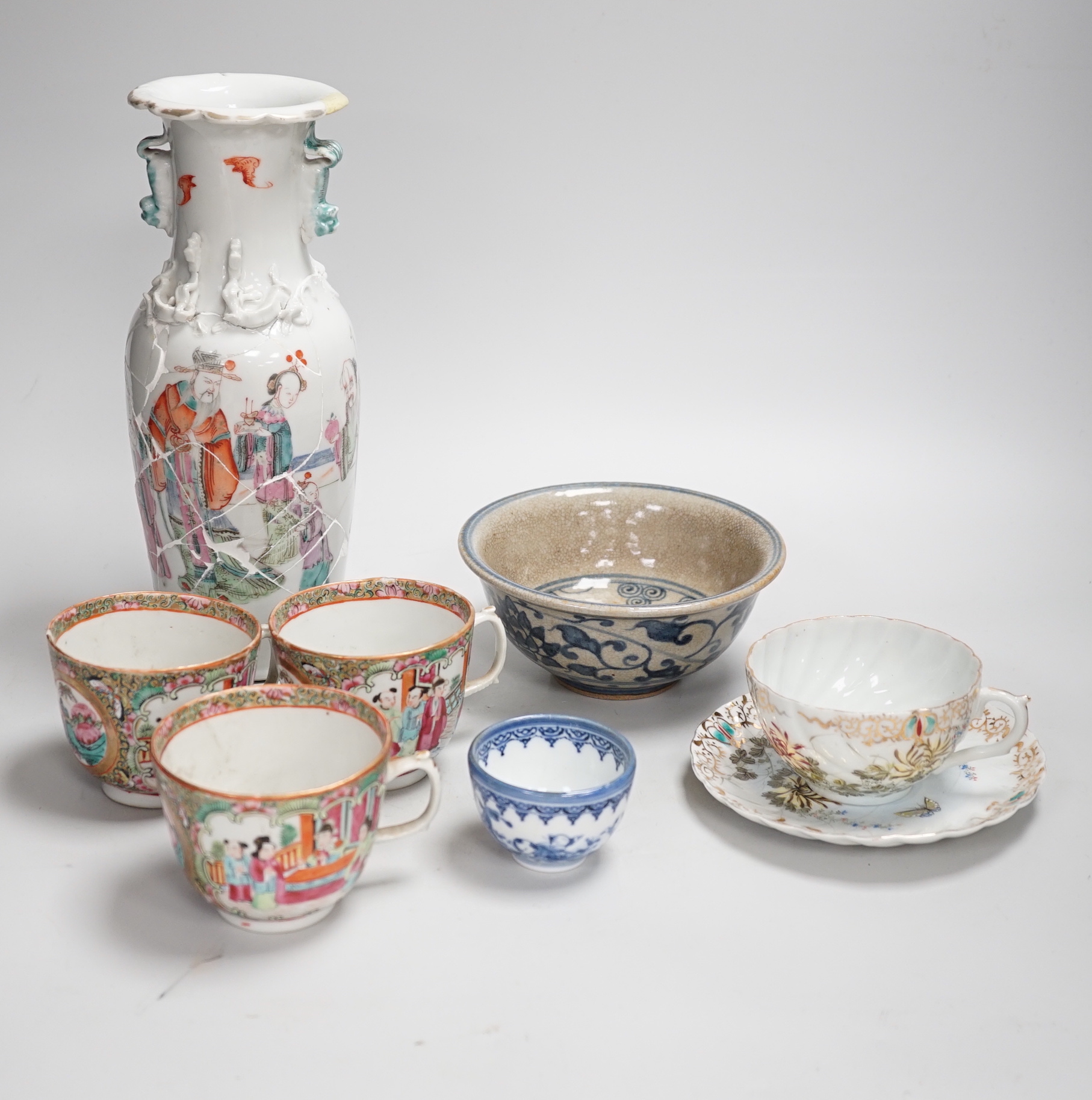 Chinese and Japanese ceramics including Canton cups and blue and white tea bowl, the largest 25cm high